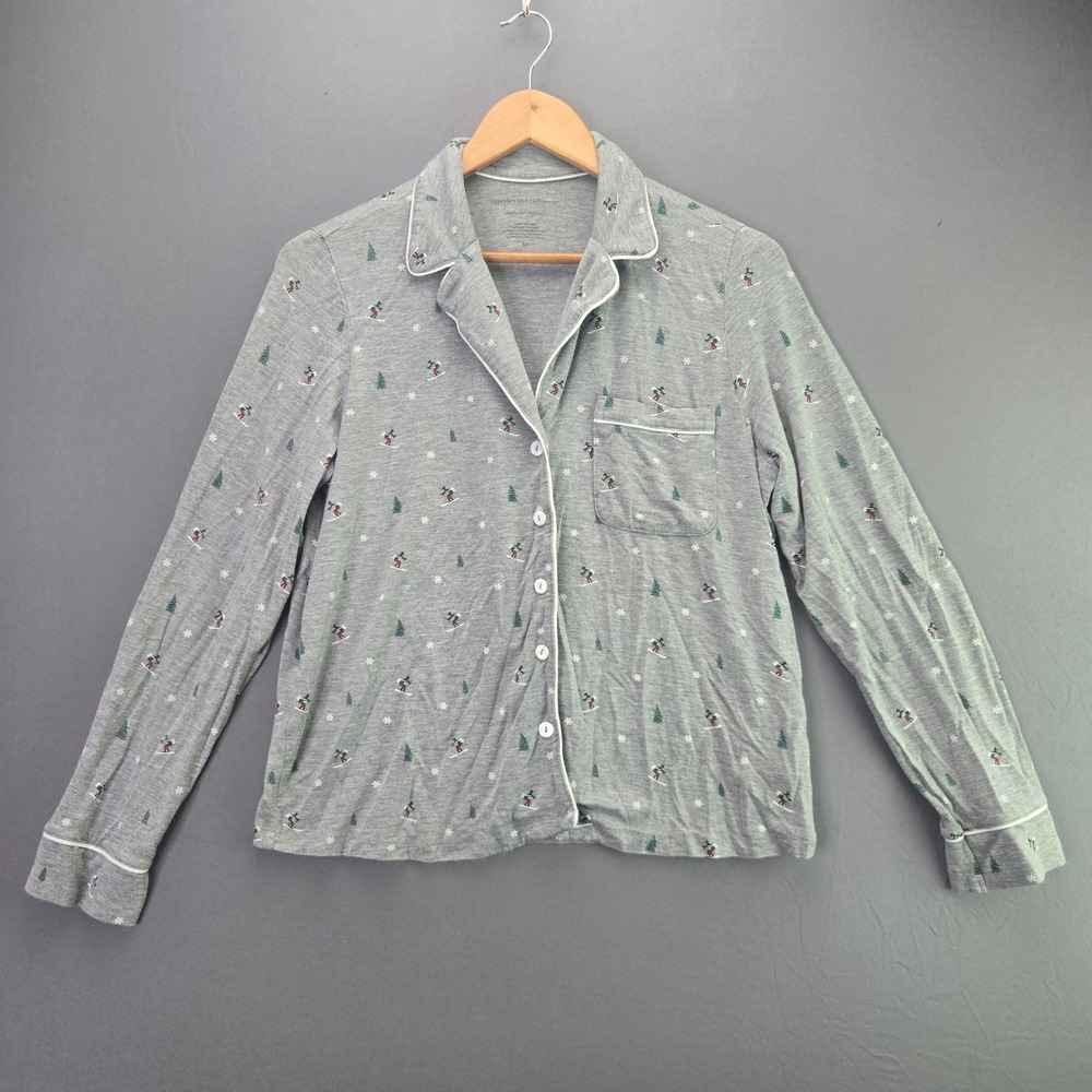 Cupcakes and Cashmere Pajama Top Ski Print Grey Button Up S Long Sleeve PJs